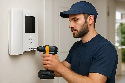Tecnico durante l'installazione di un videocitofono a Padova